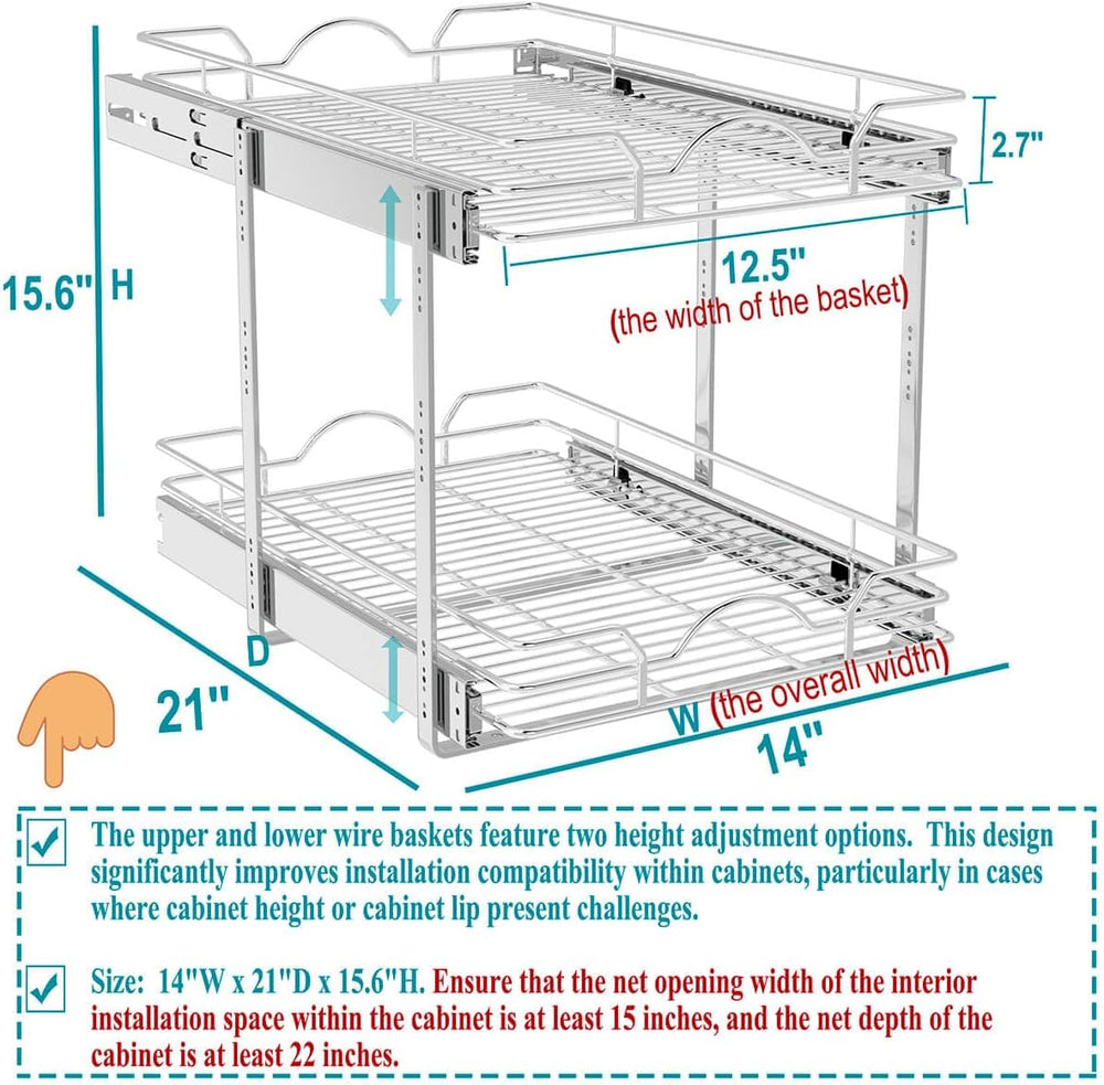 OCG 2 Tier Pull Out Cabinet Organizer (14" W x 21" D), Pull Out Dra...