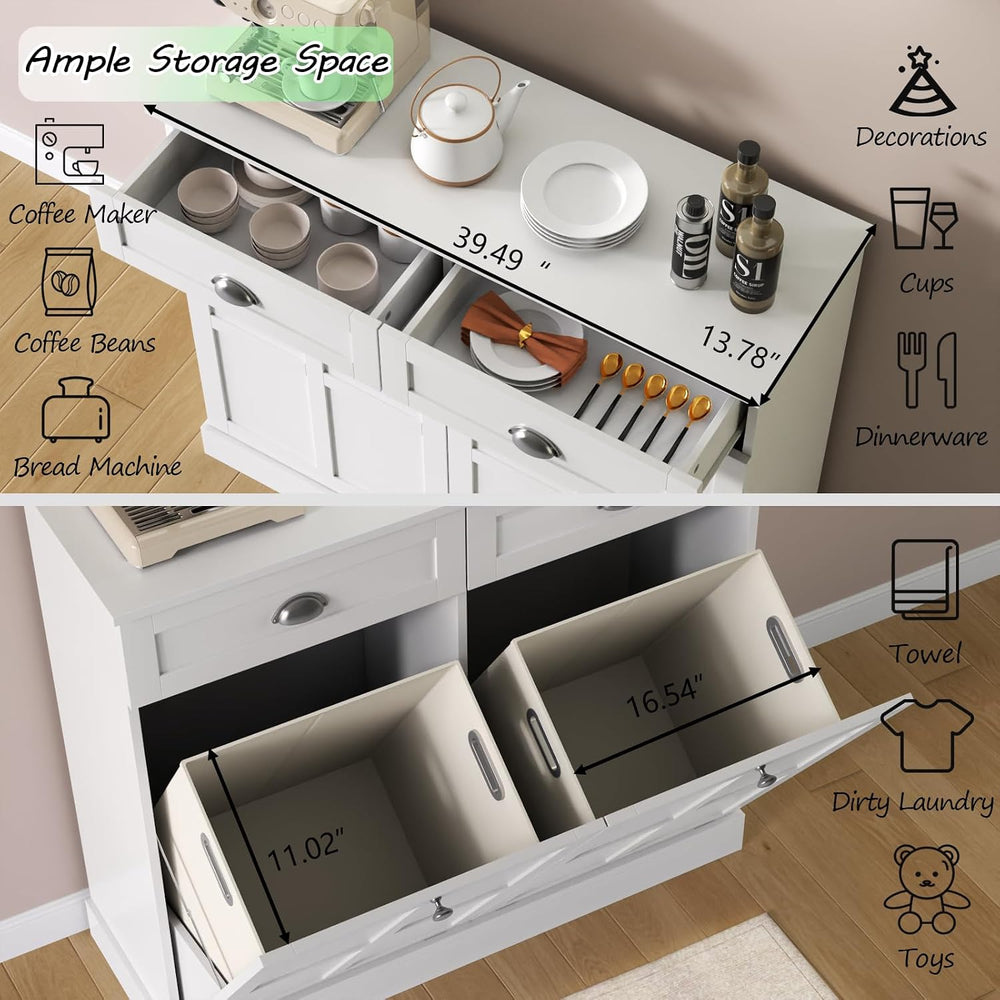 Double Tilt Out Laundry Hamper Cabinet, Hidden Laundry Cabinet w/2 Drawers