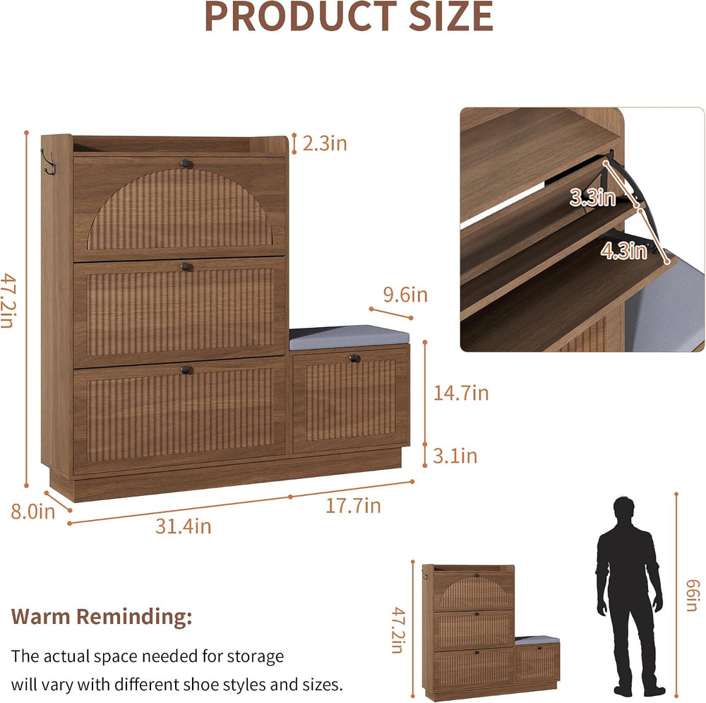 Shoe Cabinet with Bench, 4‑Flip Drawer Fluted Shoe Storage Cabinet with Remov...