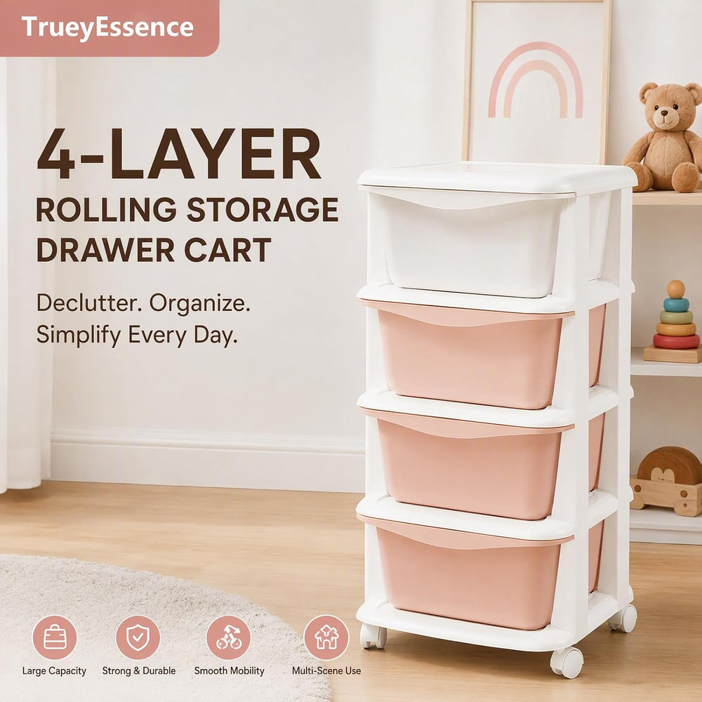 4 Tier Rolling Storage Drawer Cart, Plastic Storage Trolley with Wheels 4 Dra...