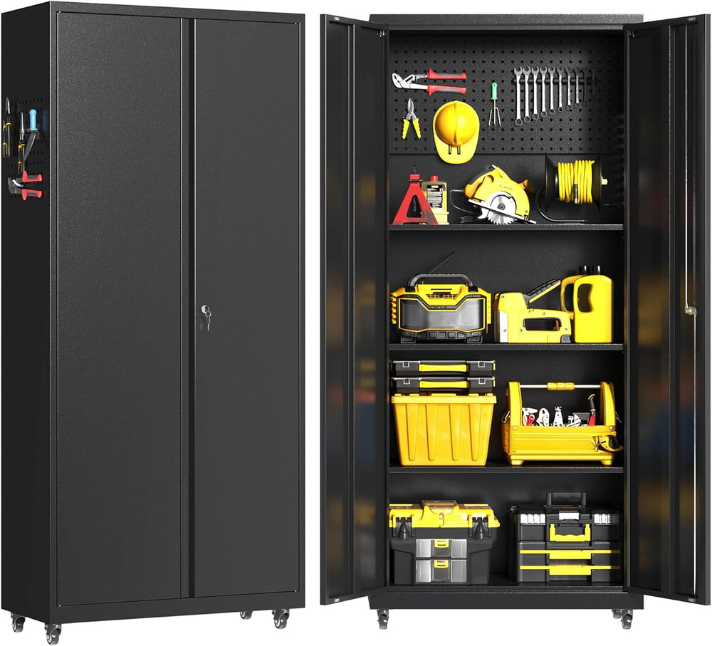 Metal Garage Storage Cabinet with Locking Doors & Pegboard, 71" H Ro...