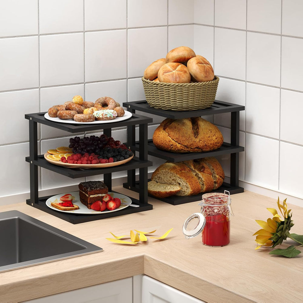4 Pack Bamboo Corner Shelf,3 Tier Kitchen Cabinet Organizer for Plates and Di...