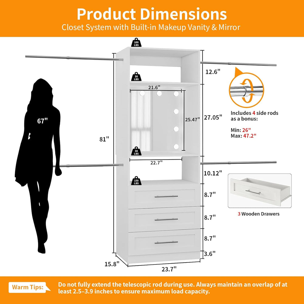 Closet Organizer System with 3 Drawers & HD LED Mirror, Modular Walk in C...