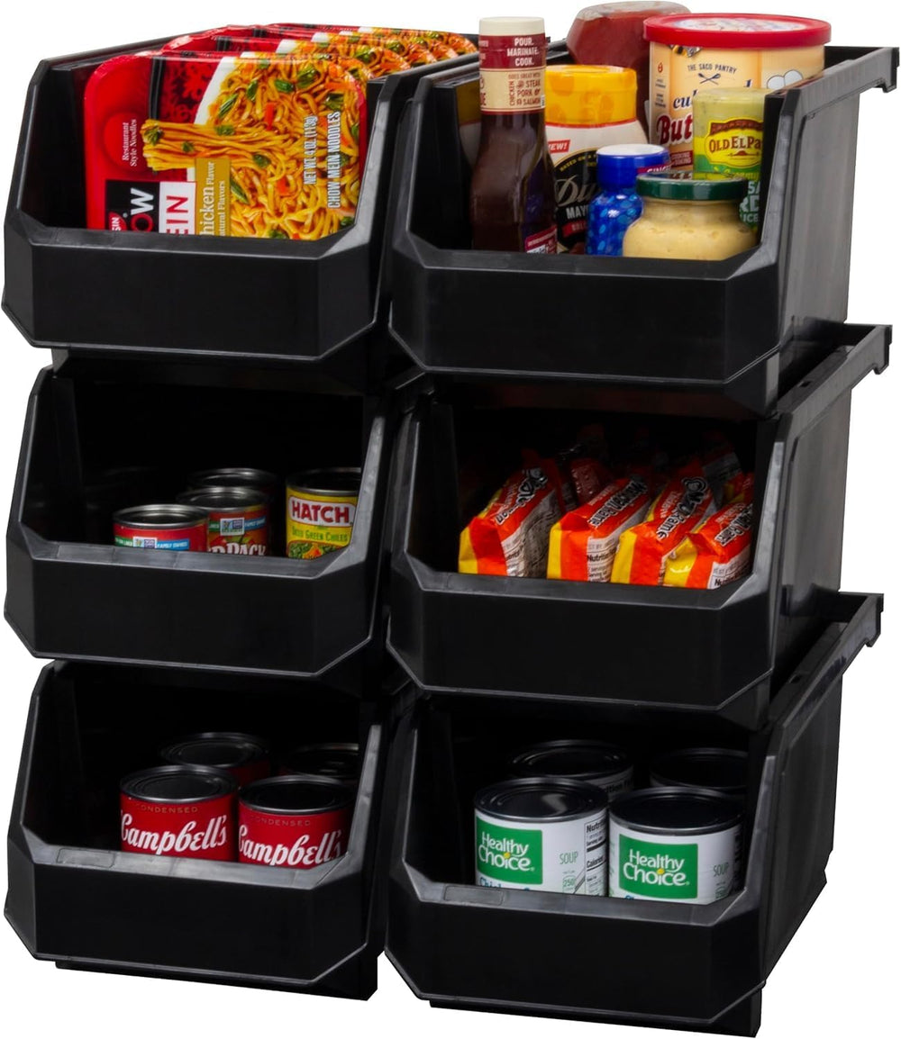 Large Stackable Plastic Storage Bins, 6-Pack, Black