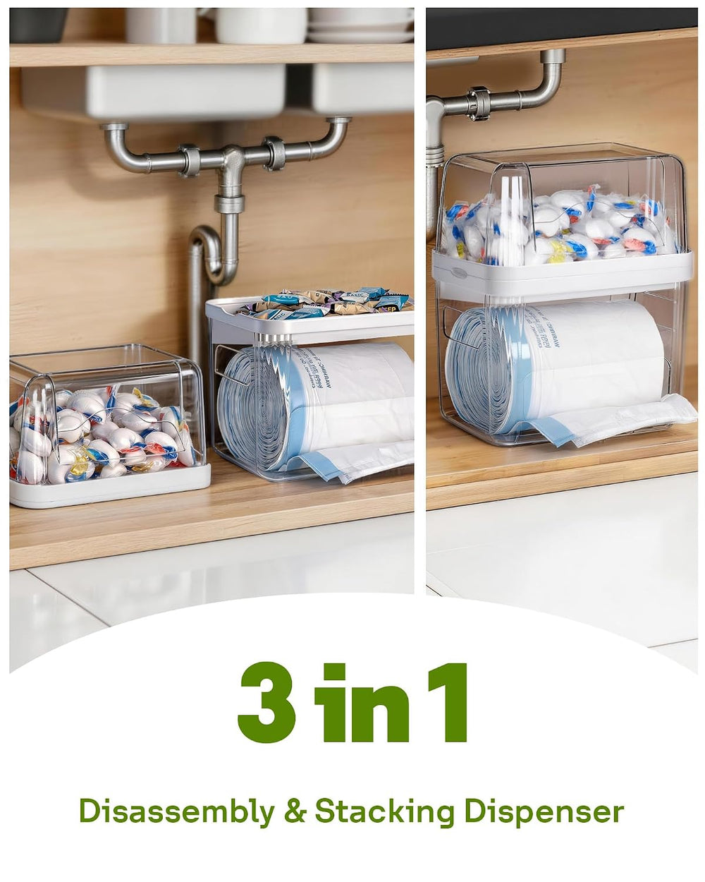 Kaen 3 in 1 Trash Bag Dispenser Under Sink Dishwasher Pod Organizer