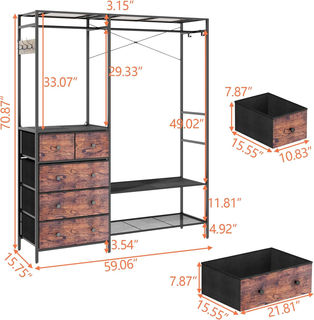 Freestanding Clothes Rack with 5 Drawers & 4 Storage Shelves,2 Hanging Rods