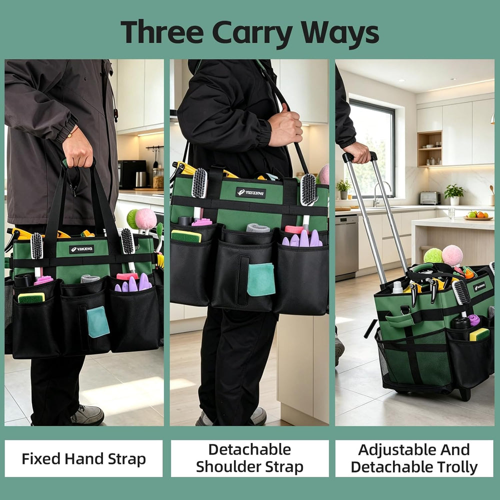 Large Rolling Cleaning Caddy Bag with Wheels, Cleaning Bag with Detachable Tr...