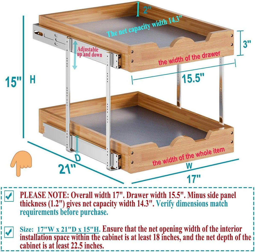 OCG 2 Tier Pull Out Cabinet Organizer (17"W x 21"D), Double Tier Sl...