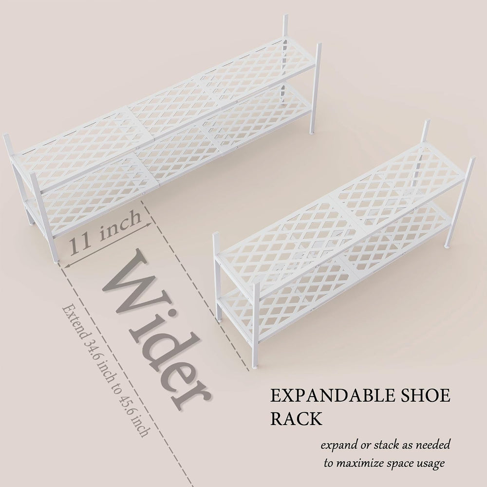 Long Expandable Metal Shoe Rack for Closet, Entryway, Garage, 2-Tier, White