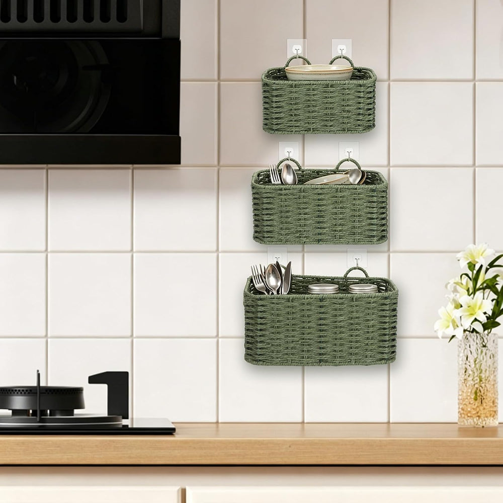 3 Piece Boho Wall Hanging Baskets for Organizing Paper Rope Woven Baskets Set...