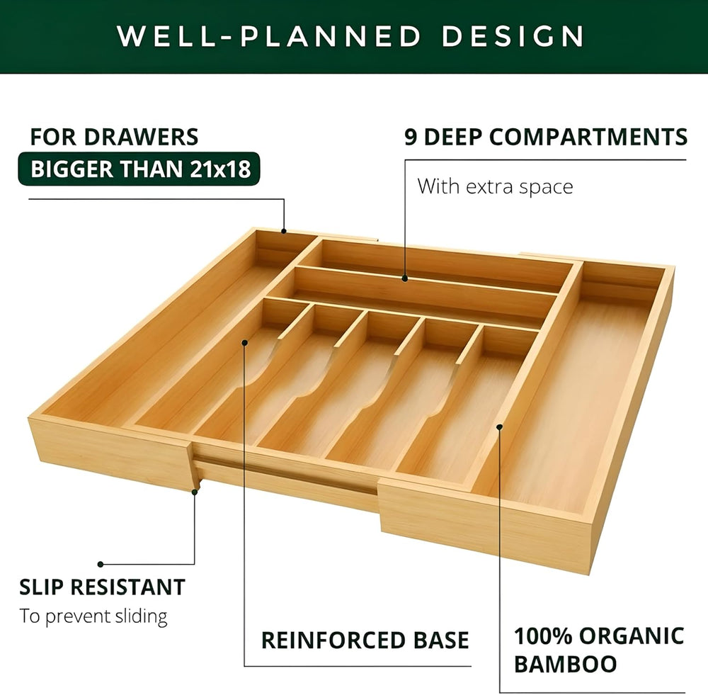 Bamboo Drawer Organizer โ Expandable 9 Slot Silverware & Utensil Tray for...