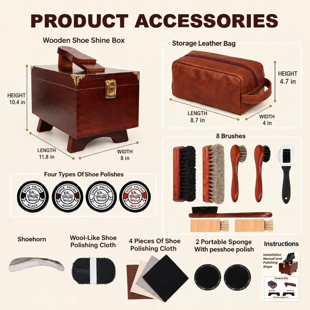 22Pcs Shoe Shine Box Kit with Leather Bag,Shoe Care Box with Stand,Wooden Sho...