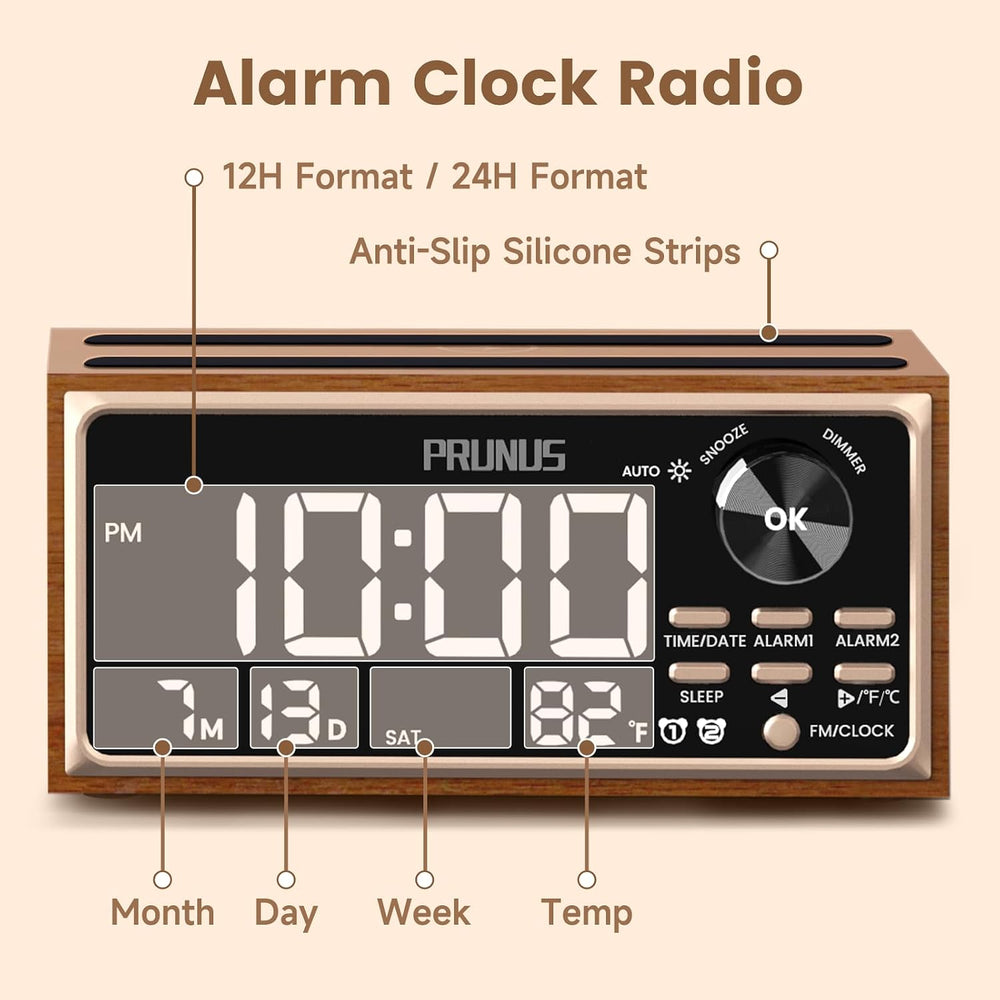 PRUNUS J-177 Retro Vintage Alarm Clock Radio with Fast Wireless Charging