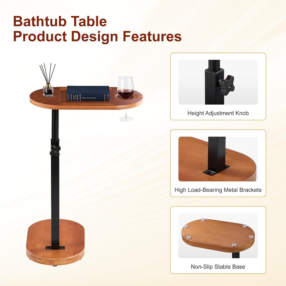 Bamboo Bathtub Side Table, Height Adjustable Bath Caddy Tray