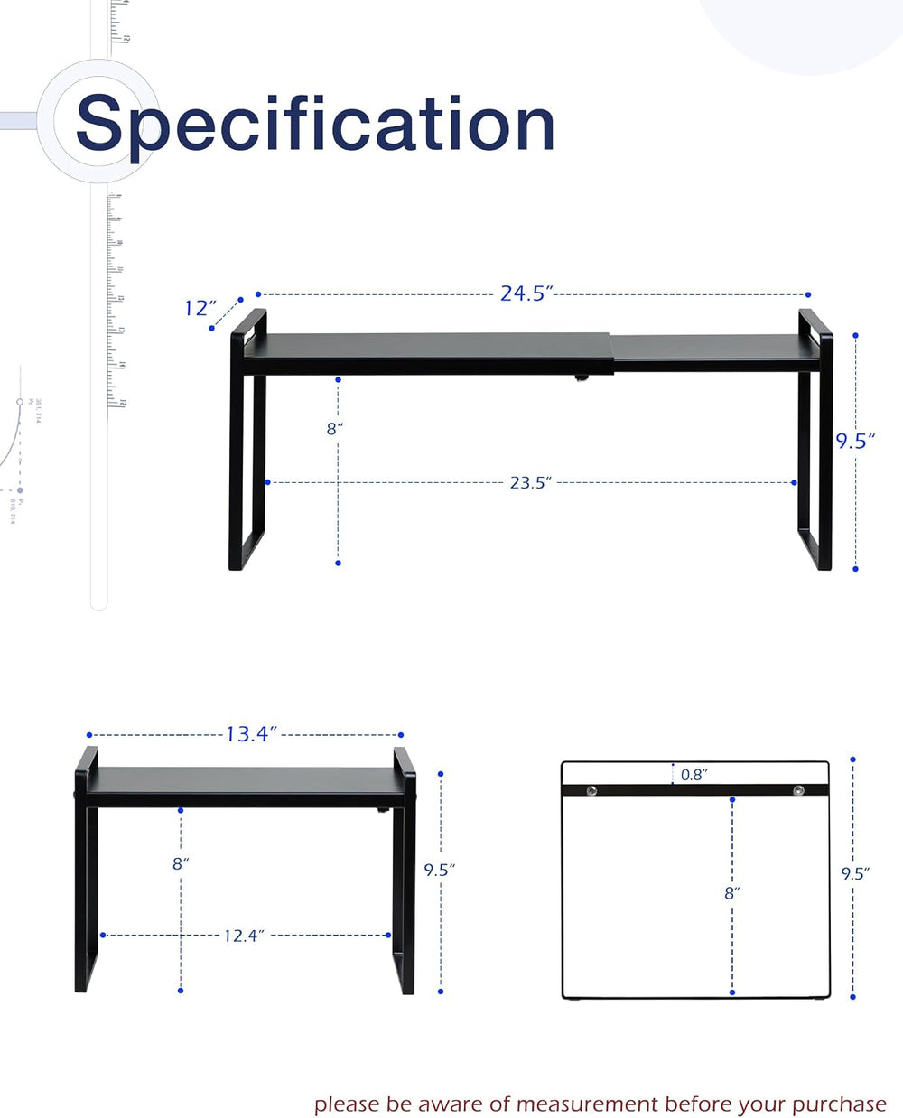 Expandable Shelf for Cabinets, Cabinet Shelf Riser, 12" Black