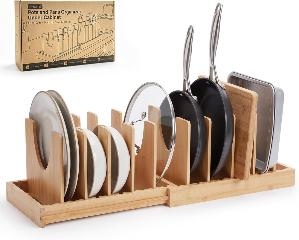 Pots and Pans Organizer Under Cabinet, Expandable Pot and Pan Rack