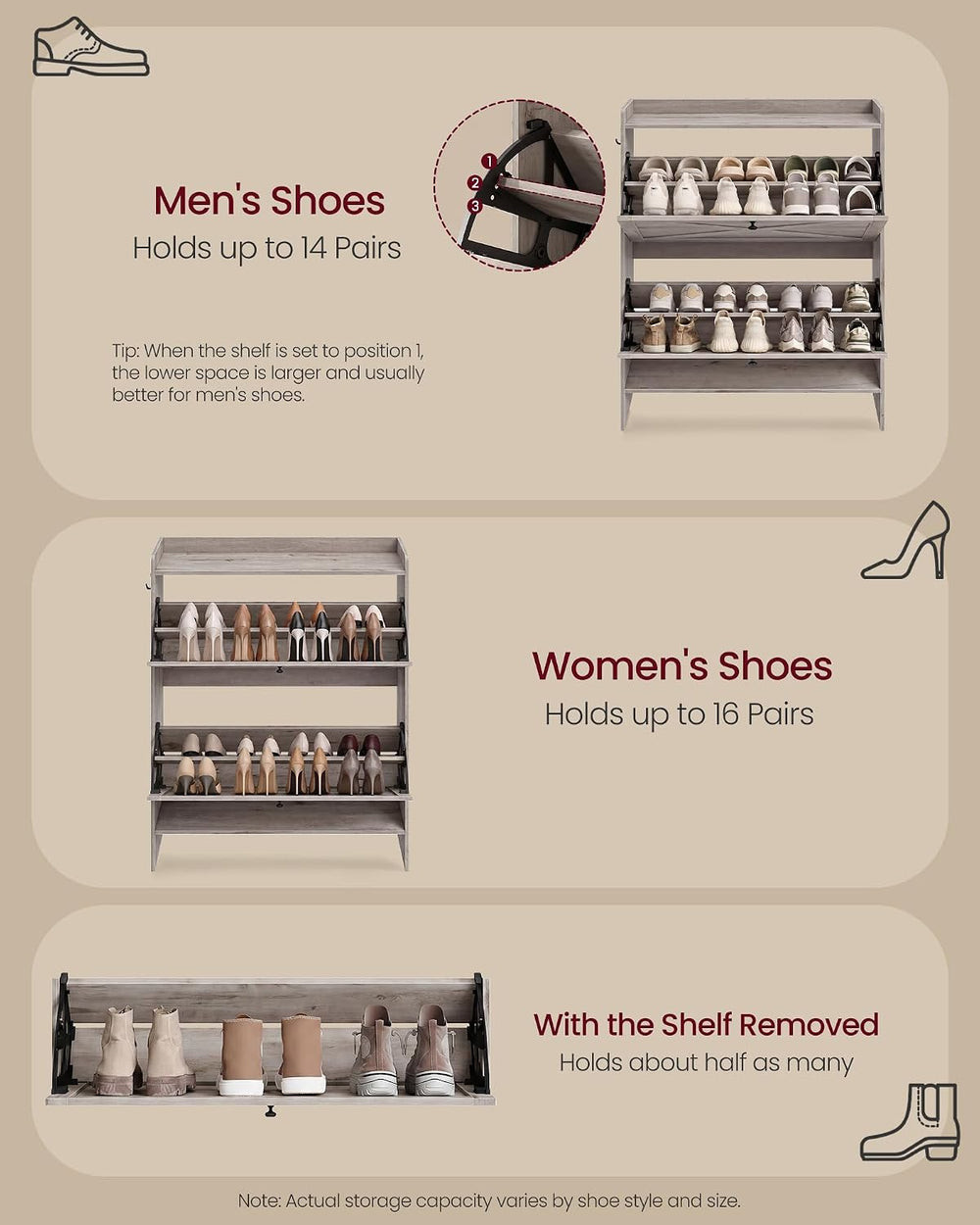 VASAGLE Narrow Shoe Storage Cabinet Organizer with 2 Flip Drawers
