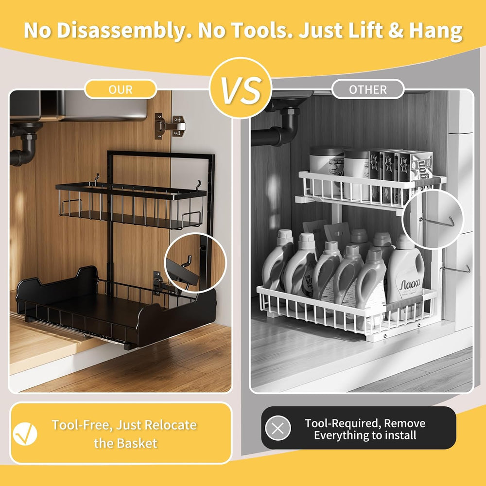 Under Sink Organizer, 2-Tier L-Shaped Pull Out Cabinet Shelf with 2 Installat...