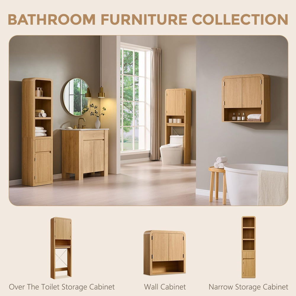 67" Tall Narrow Bathroom Storage Cabinet w/Door & Drawers, Natural