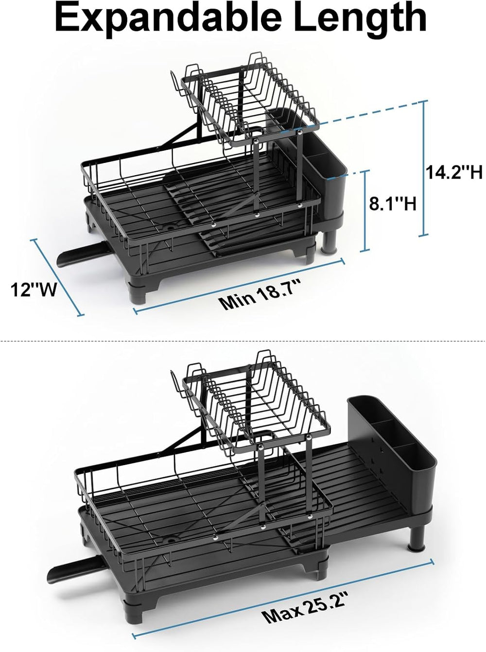 GSlife Large Expandable 2 Tier Dish Drying Rack for Kitchen Counter, Black