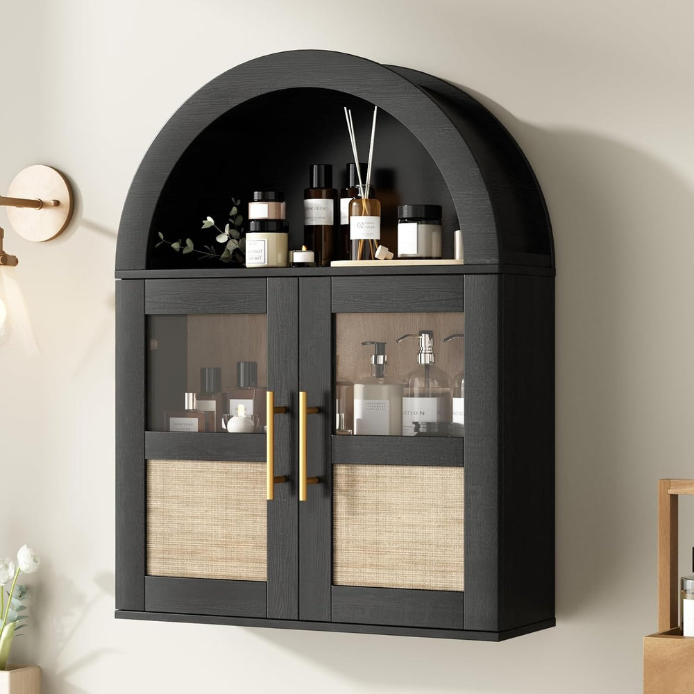 RUSTOWN Arched Bathroom Wall Cabinet with 2 Glass & Rattan Doors