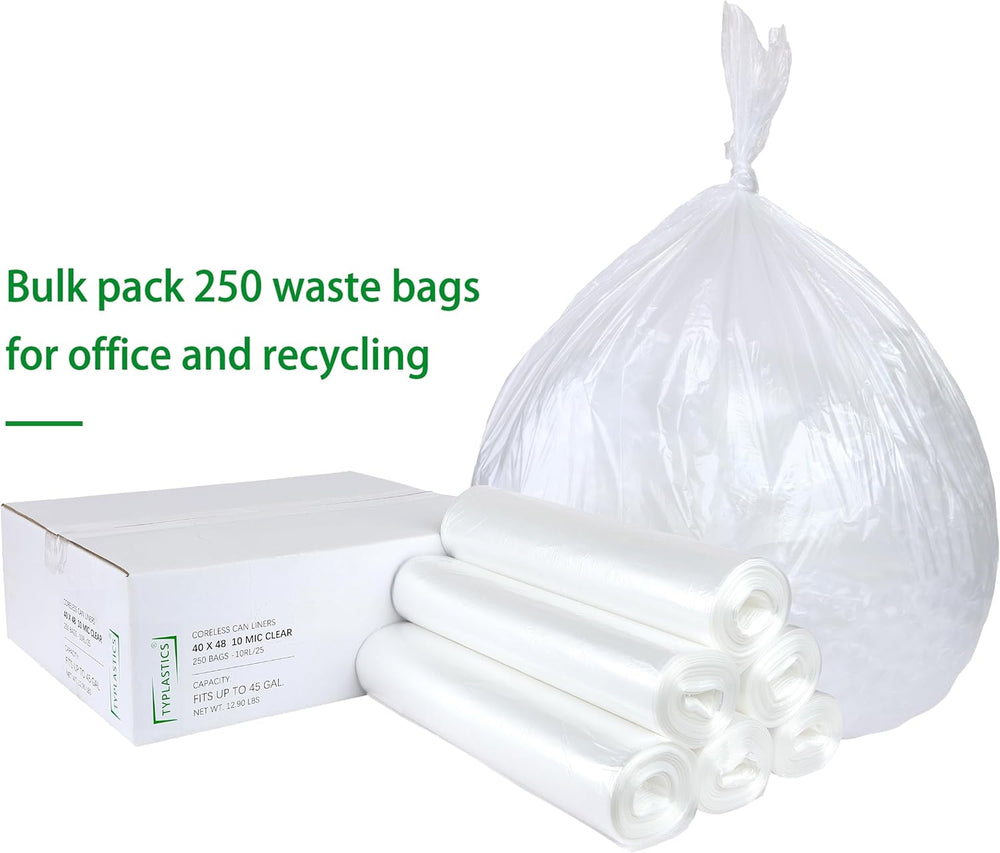 TYPLASTICS 40-45 Gallon Clear Trash Can Liners, 250 count - 40" x 48"
