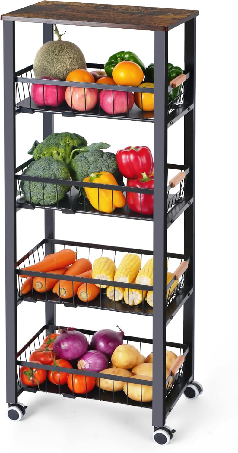 Mythinglogic 5-Tier Fruit & Vegetable Rolling Cart with 4 Pull-Out Baskets