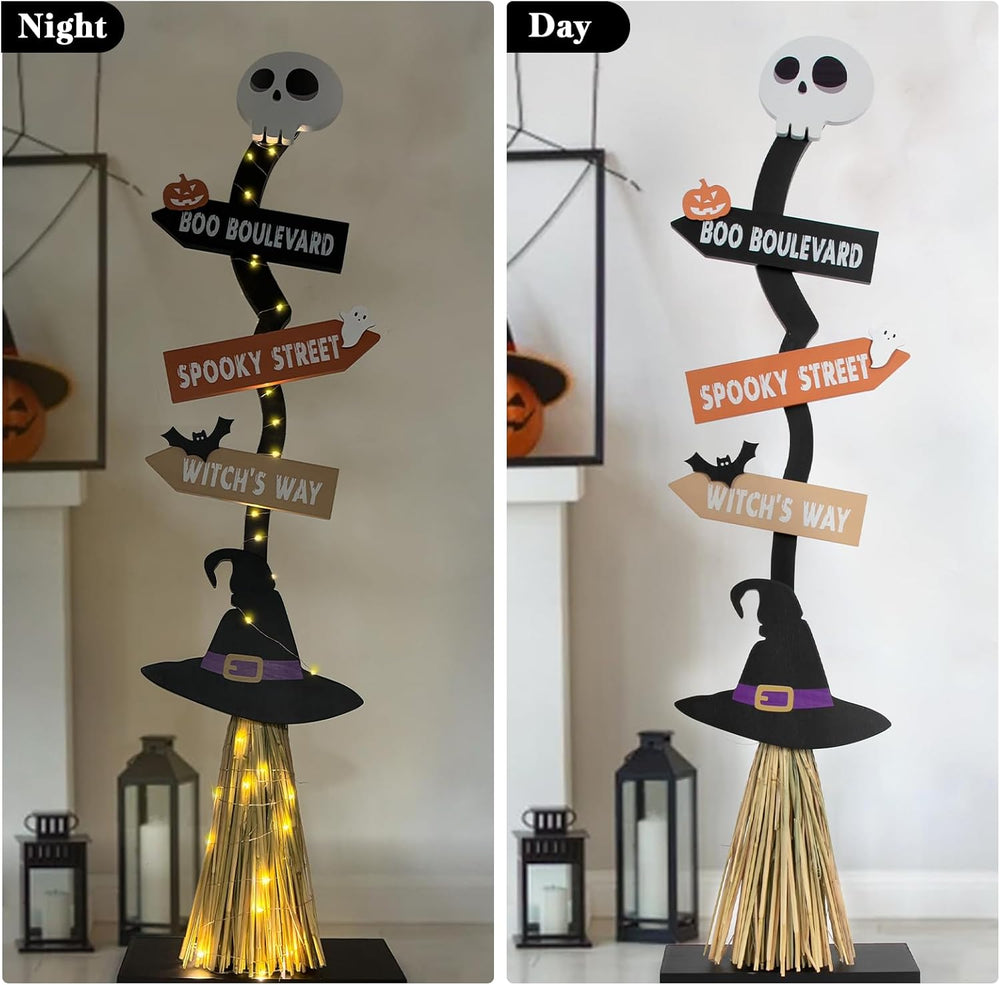 Lighted Halloween Wooden Witch Broom for Indoor Outdoor Decorations