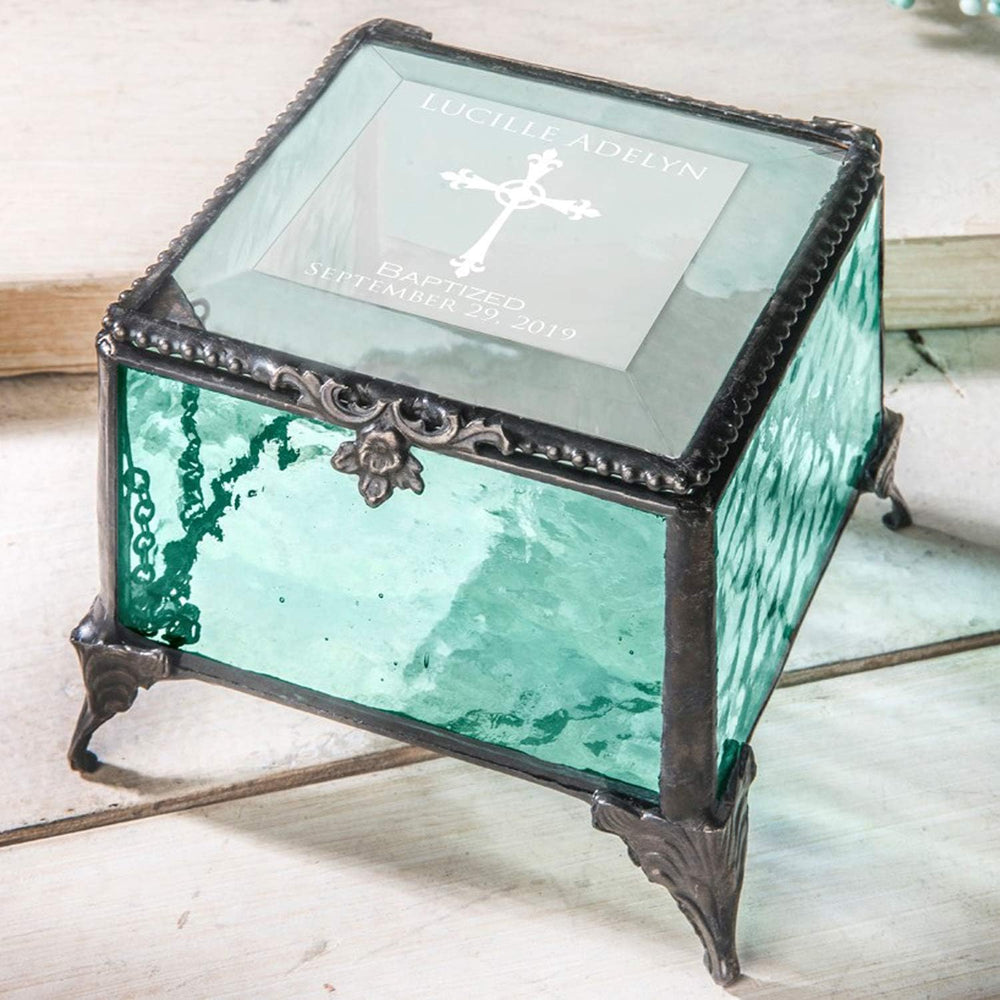 Baptism Gift for Girls Personalized Keepsake Box Stained Glass Engraved Cross...