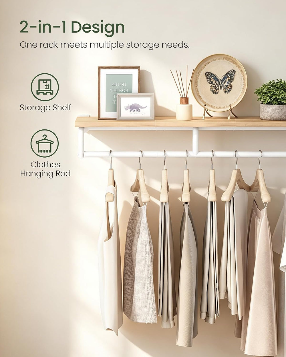 Wall Mounted Clothes Rack, Metal Garment Rack with Top Shelf, Laundry Storage...