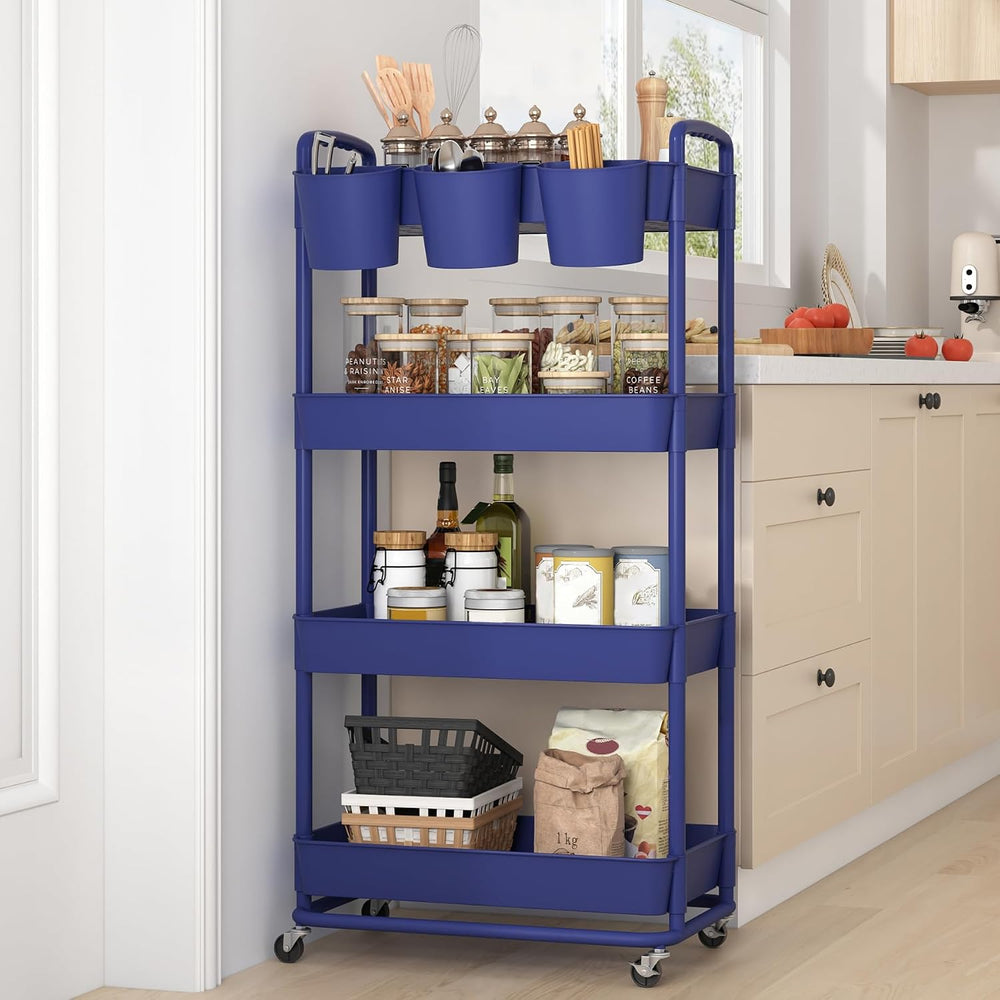 JIUYOTREE 4-Tier Plastic Rolling Storage Cart Utility Cart Blue