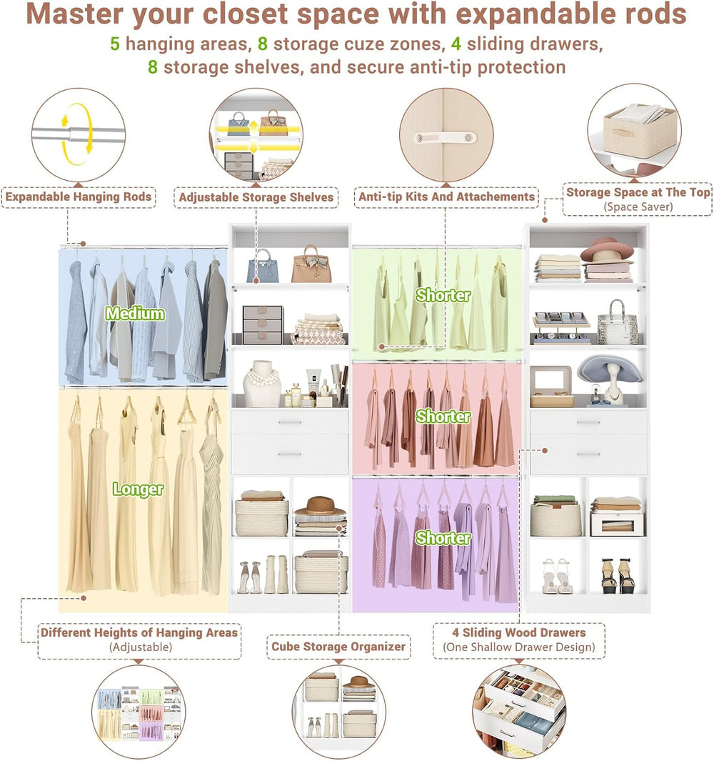 Besiost Closet System, 7.4ft-10ft with 4 Wooden Drawers and 5 Hanging Rods, C...