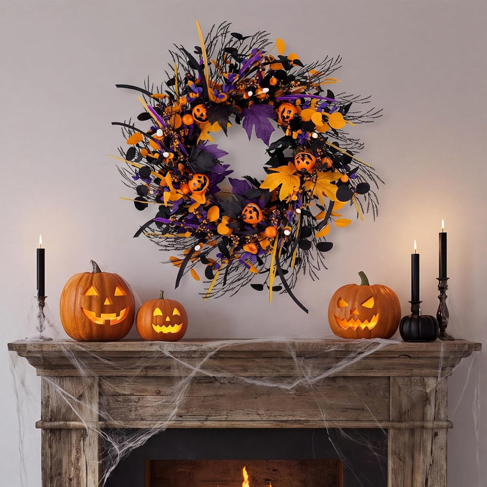 22" Halloween Wreath with 5 Jack-O'-Lantern Black Maple Leaves