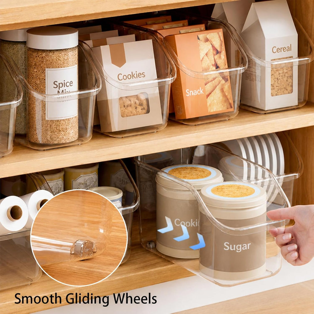 8 Pack Plastic Storage Bins with Wheels, Clear Pantry Organizer Bins
