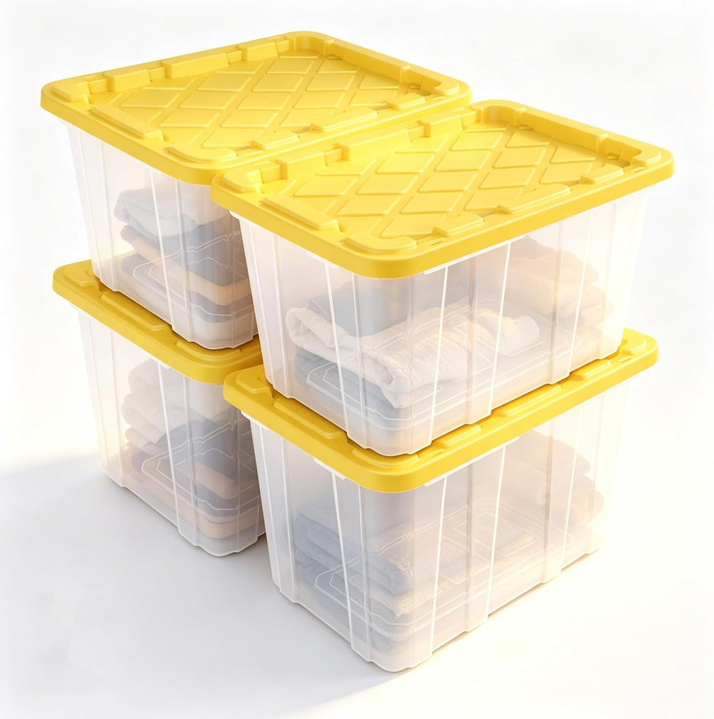 27 Gallon Clear Plastic Storage Container, Yellow, Set of 4