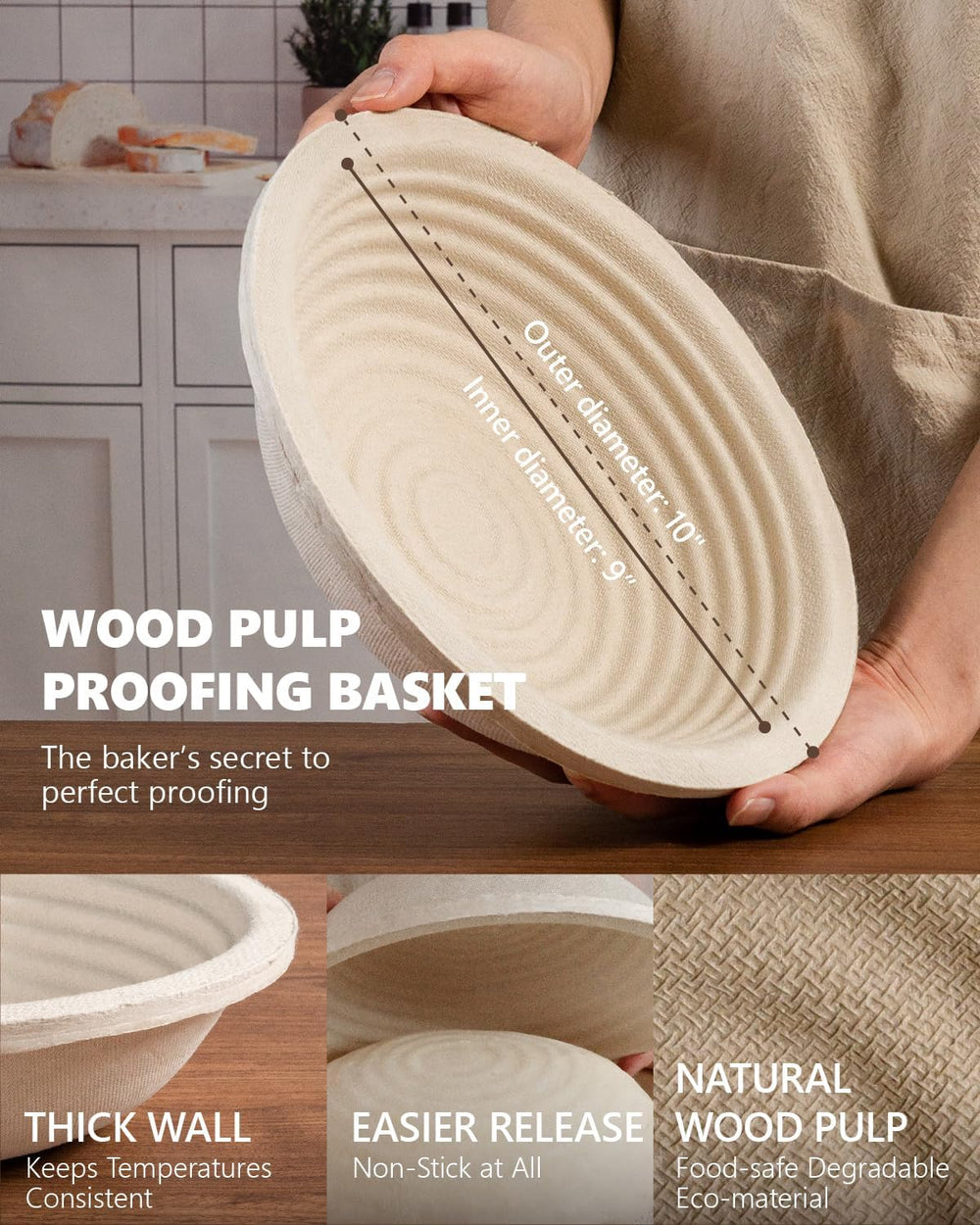 Wood Pulp Banneton Bread Proofing Baskets, Set of 2, 9 Inch Round