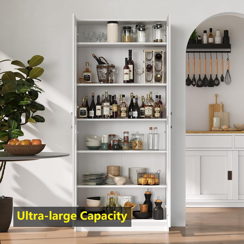 White Tall Kitchen Pantry Cabinet Organizers and Storage with Doors and Adjus...