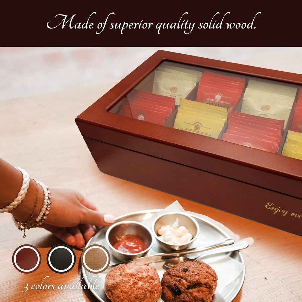 BJOYFUL&LOVED Wooden Tea Box with Glass Lid, 8-Compartment, Walnut Color
