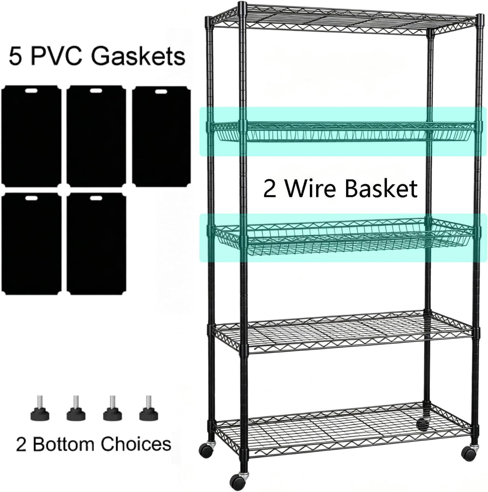 5-Tier Wire Shelving with Shelf Liners, 65"H Basket Metal Shelving Unit