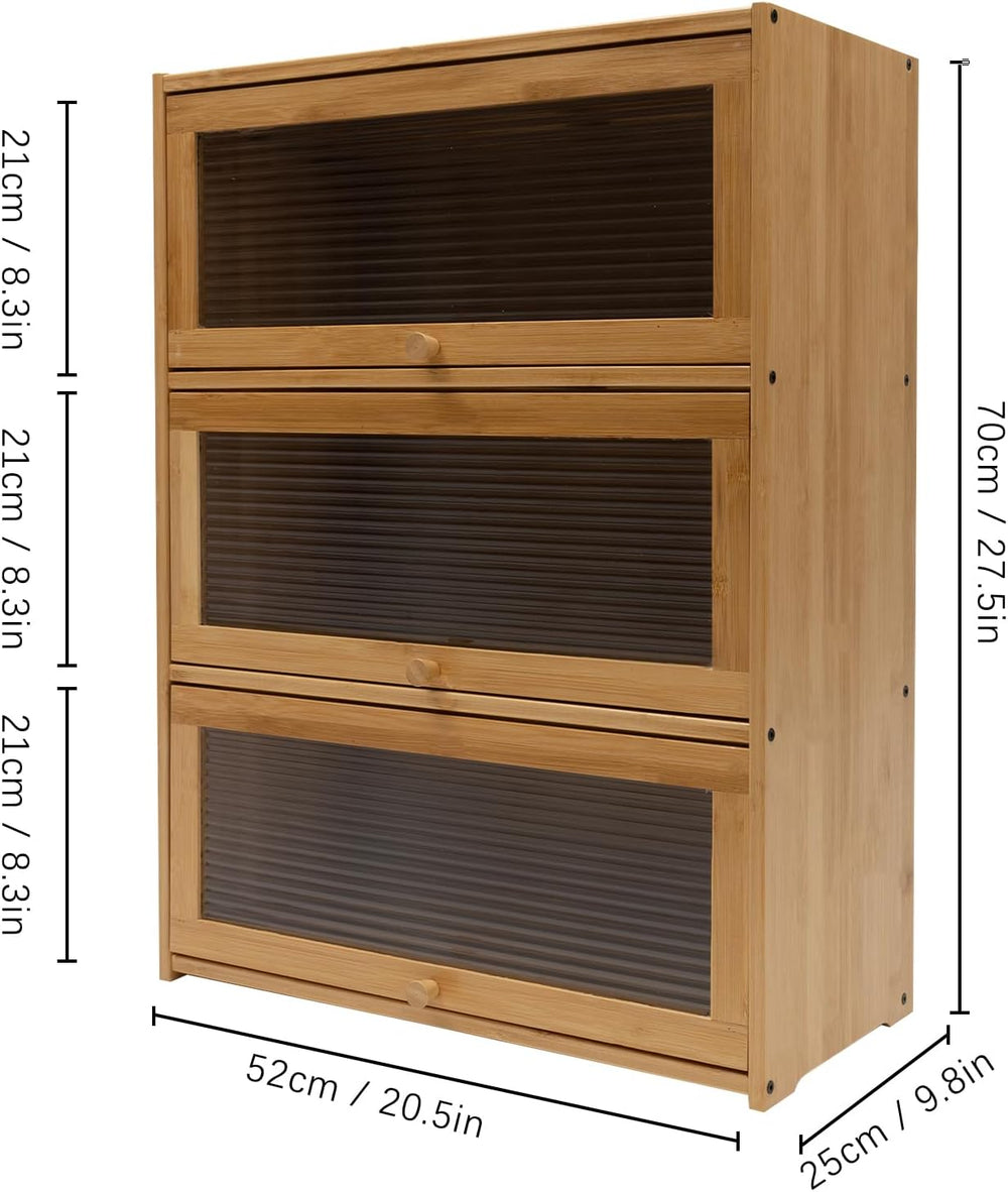 3 Tiers Bamboo Storage Cabinet, Wood Sideboard with Acrylic Doors Modern Kitc...