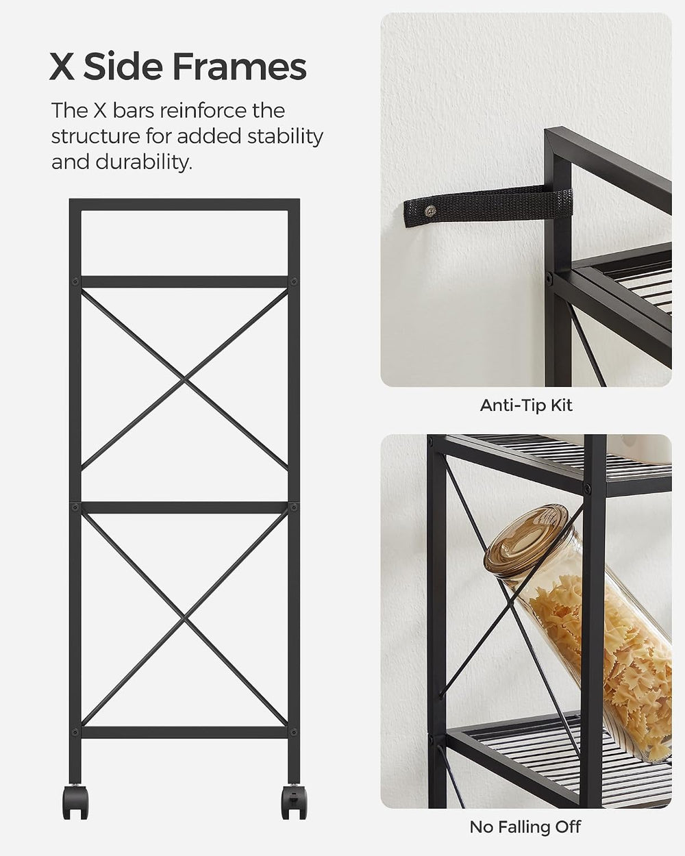 SONGMICS 3-Tier Steel Storage Rack with Wheels, Mesh Shelving Unit