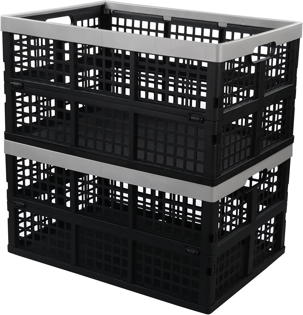 2 Pack 42 L Stackable Plastic Folding Crate, Plastic Collapsible Storage Bask...