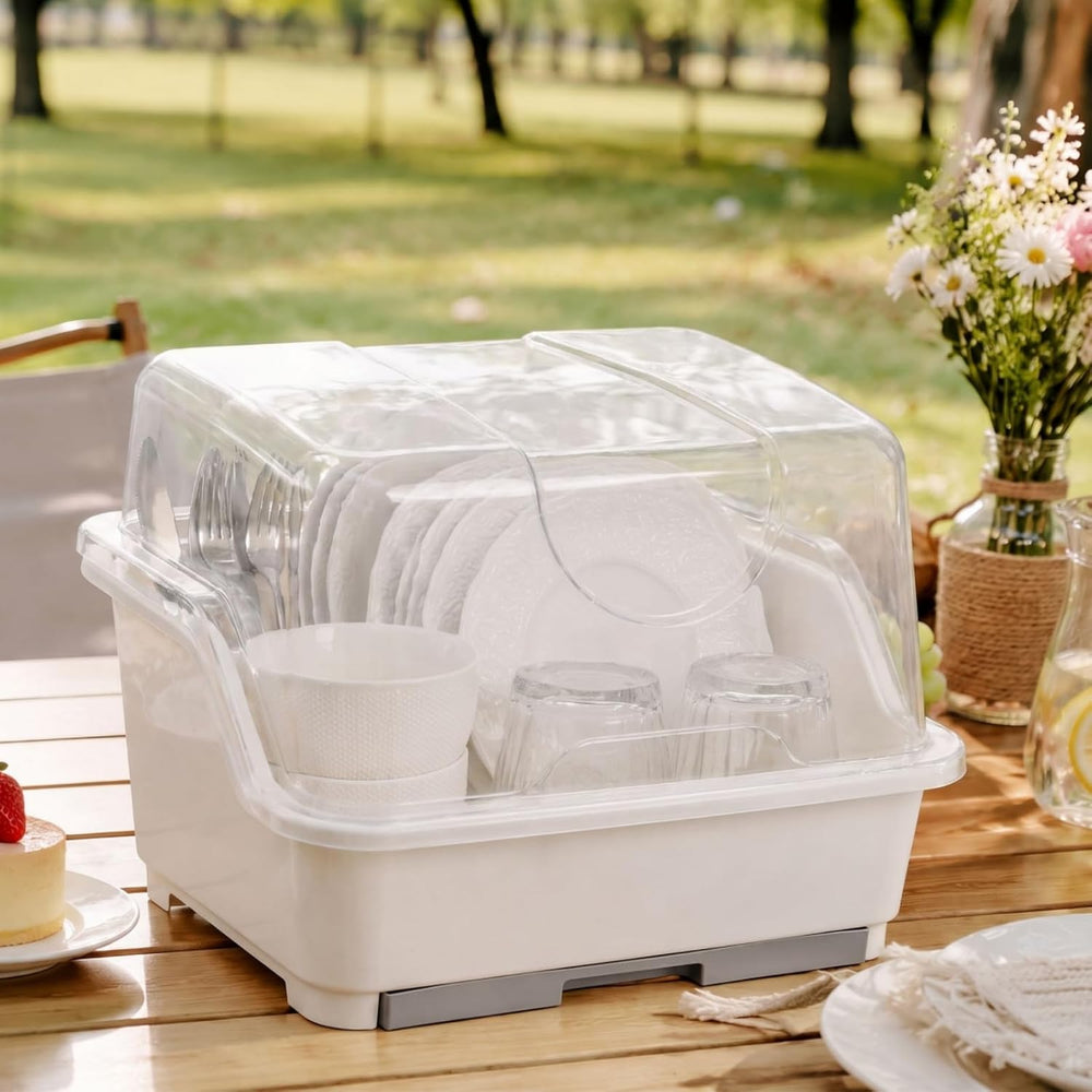 Plastic Dish Drying Rack with Clear Cover Lid, Dust-Proof