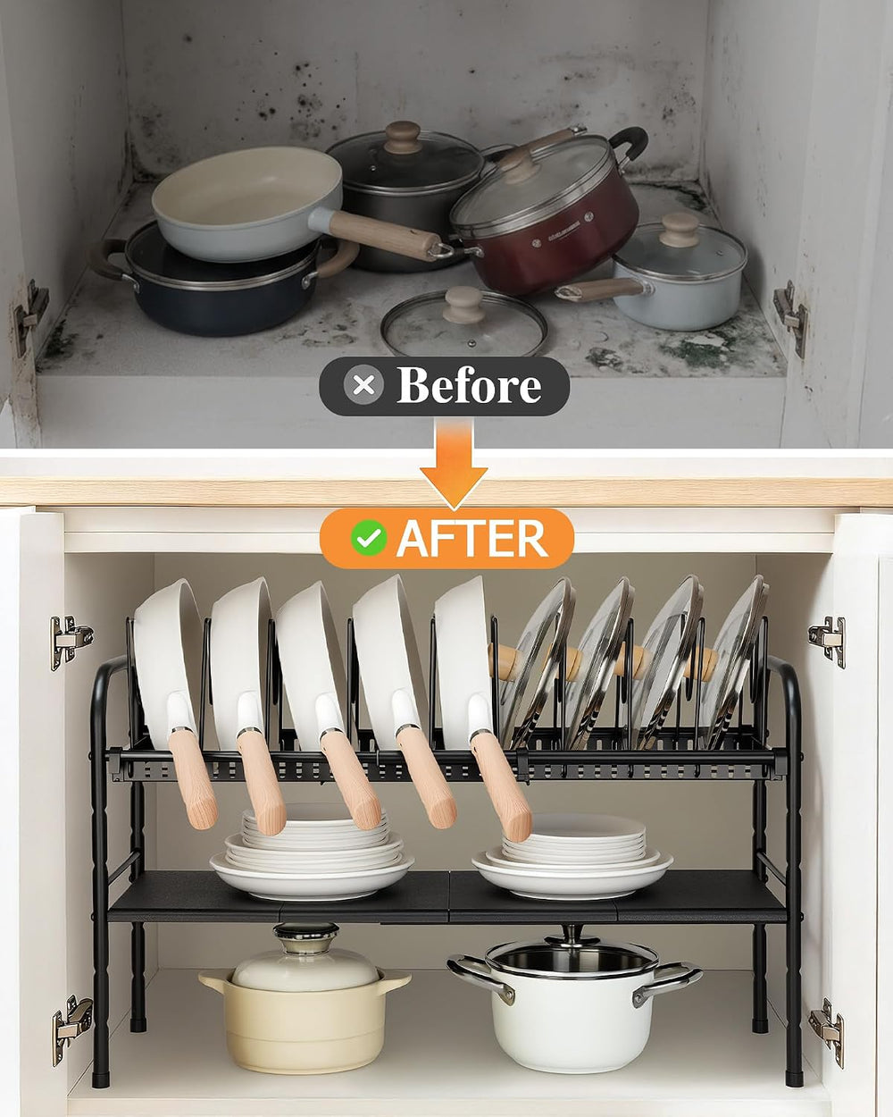 HULISEN Pots and Pans Organizer Under Cabinet, 2-Tier Expandable Pot Rack