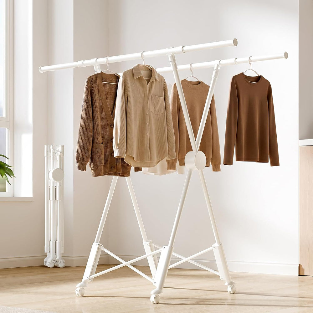 SUJI Clothes Drying Rack , Dual Rod with Wheels, Cream White Foldable
