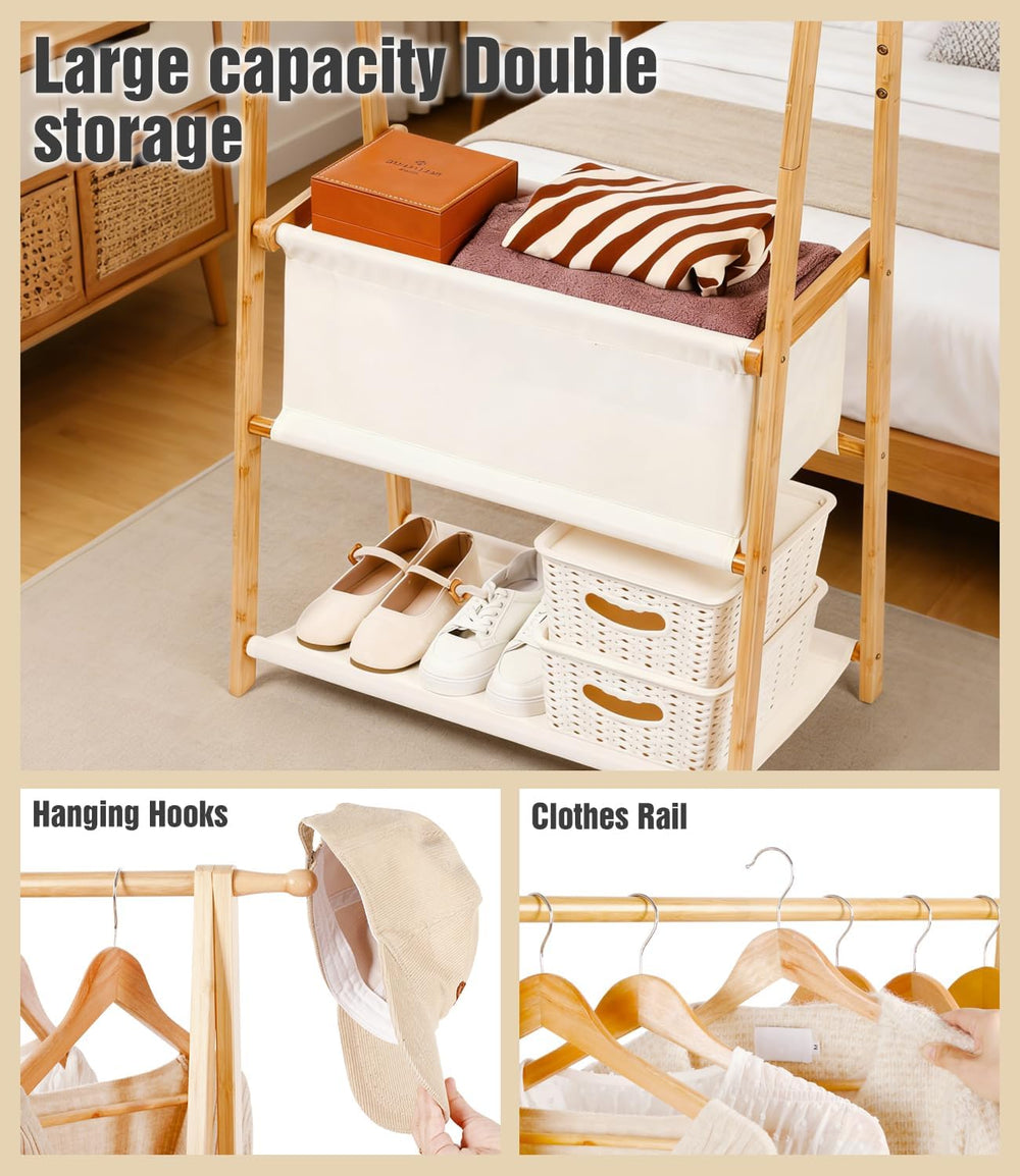 Bamboo Clothes Rack with Storage Box and Storage Shelf, Portable Extra Large ...