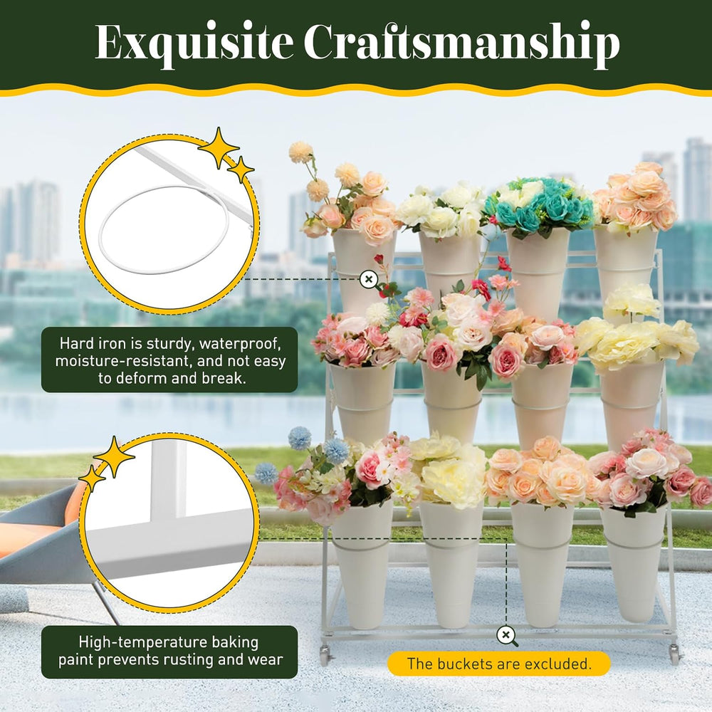 Flower Display Stand with Buckets, 3-Layer Rolling Flower Plant Cart Stand, M...