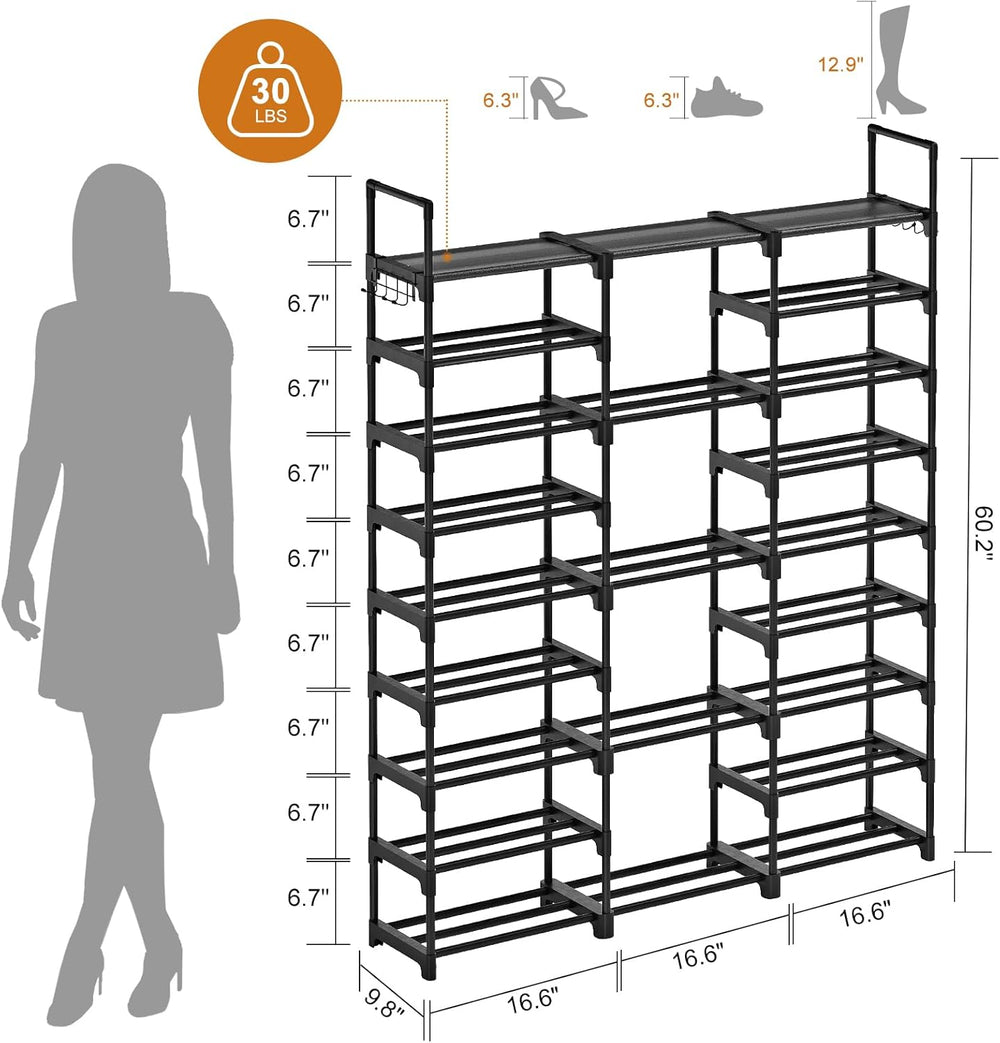 WOWLIVE 9 Tier 3-Column Shoe Rack, 50-55 Pairs Stackable Black