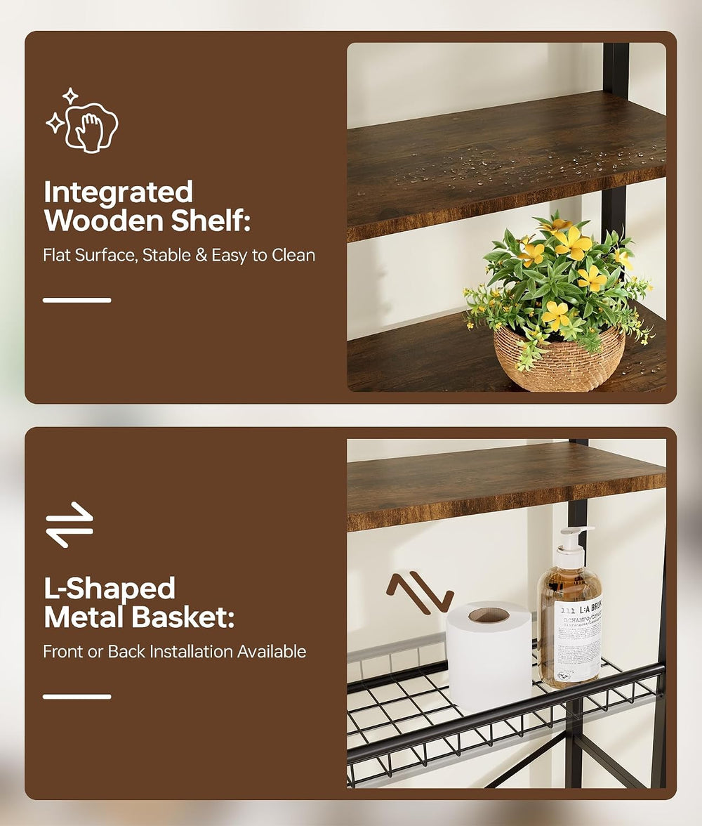 4-Tier Over-the-Toilet Storage Rack with One-Piece Wooden Shelves & Open ...