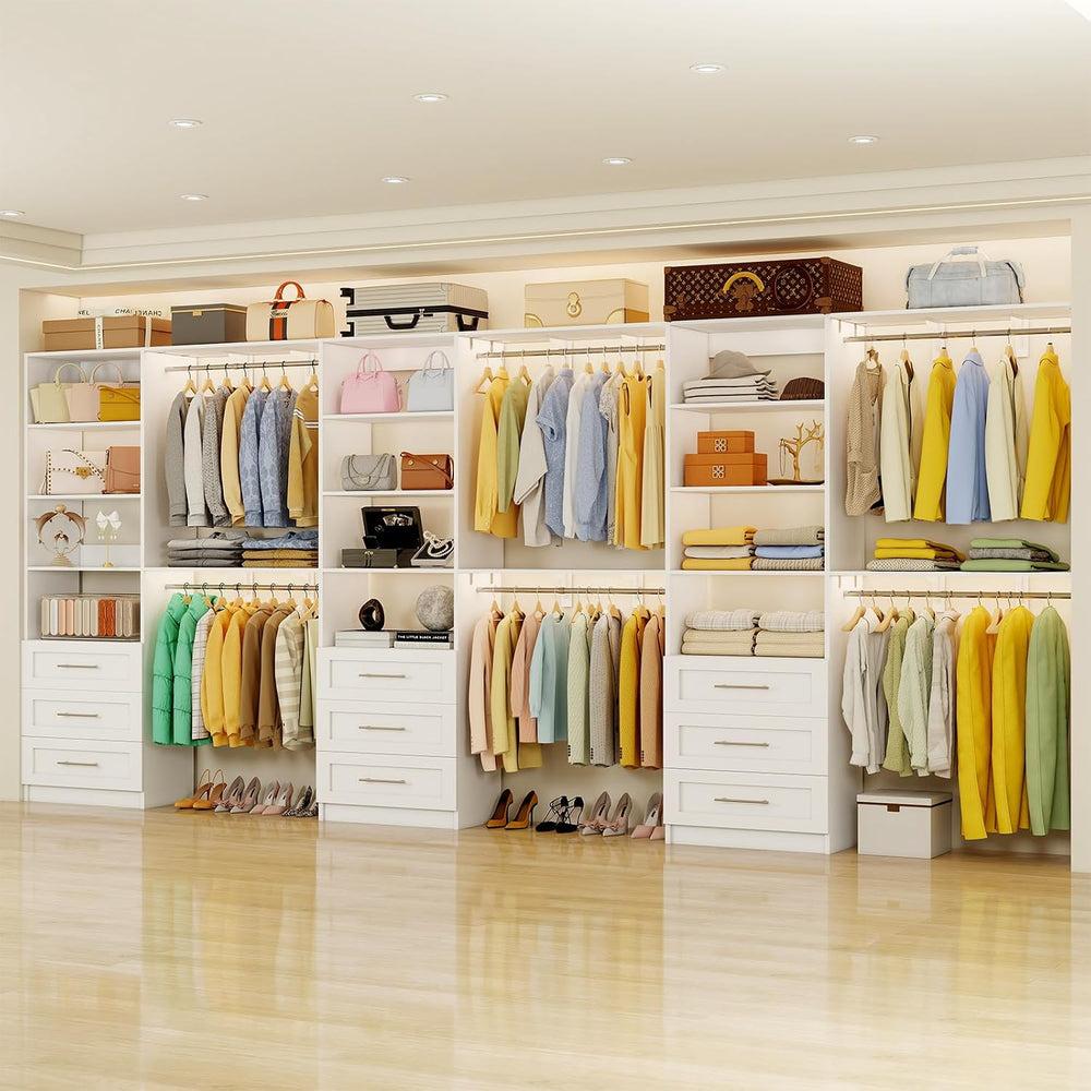 Closet System with 9 Drawers,12 Shelves,9 Rods,11FT-17FT,3 Sets,White